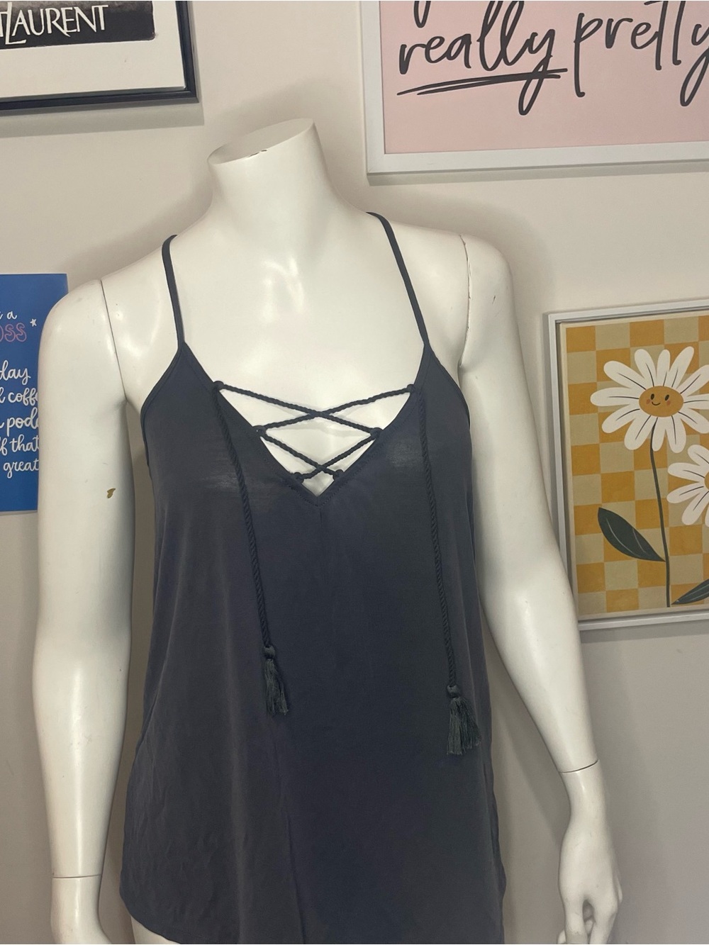 Abercrombie & Fitch Charcoal Gray Strappy Lace-Up Cami Top | Size Small